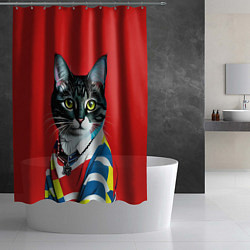 Шторка для душа Милая кисуля в модном пуловере - поп-арт, цвет: 3D-принт — фото 2