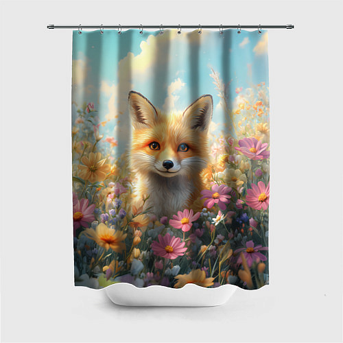 Шторка для ванной Лиса в цветочном поле / 3D-принт – фото 1