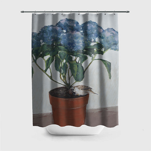 Шторка для ванной Спящий воробушек на гортензии / 3D-принт – фото 1