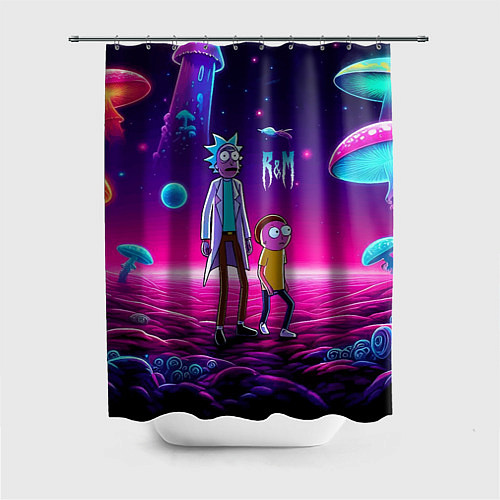 Шторка для ванной Морти и Рик на планете неоновых сказочных грибов / 3D-принт – фото 1