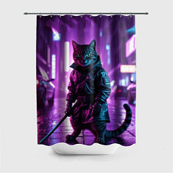 Шторка для душа Котик с катаной, цвет: 3D-принт