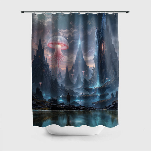 Шторка для ванной Фантастический мир с медузами и озеро у гор / 3D-принт – фото 1