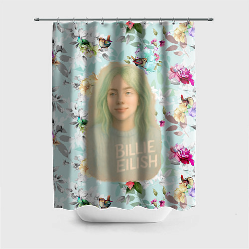 Шторка для ванной Билли Айлиш на фоне цветов / 3D-принт – фото 1