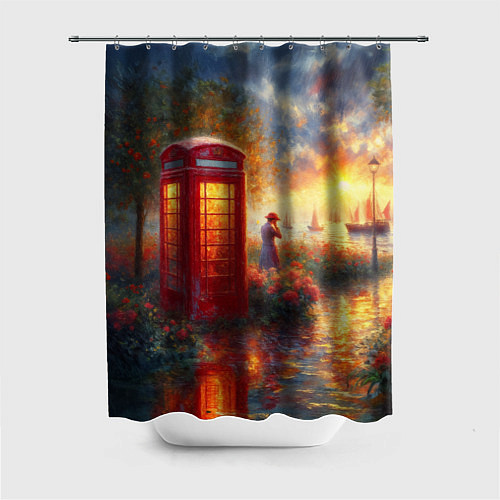 Шторка для ванной Пейзаж с красной телефонной будкой / 3D-принт – фото 1