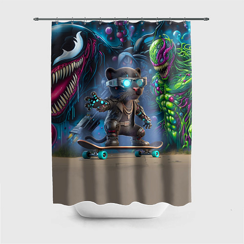Шторка для ванной Пантерёнок крутой скейтбордист на фоне граффити / 3D-принт – фото 1