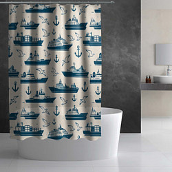 Шторка для душа Морской паттерн из чаек, якорей и кораблей, цвет: 3D-принт — фото 2