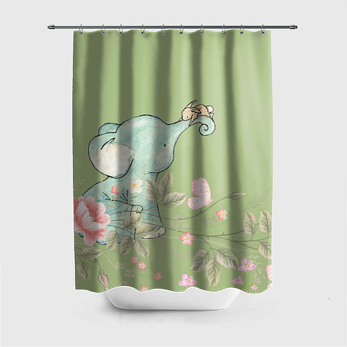 Шторка для ванной Слоненок с зайчиком в цветах на зеленом / 3D-принт – фото 1