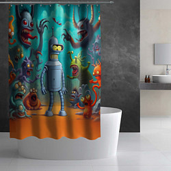 Шторка для душа Робот-сгибальщик Бендер в окружении монстров, цвет: 3D-принт — фото 2