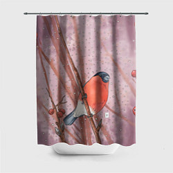 Шторка для душа Акварельный снегирь в рябине, цвет: 3D-принт