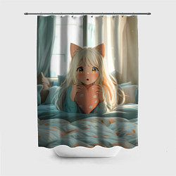 Шторка для ванной Аниме девушка в кровати с сердцем