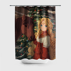 Шторка для душа Аниме девочка с лошадкой встречают Новый год, цвет: 3D-принт