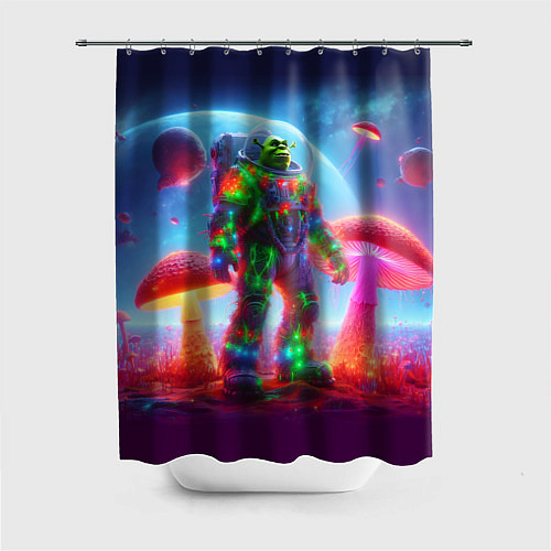 Шторка для ванной Неоновый космонавт Шрек на планете гигантских мухо / 3D-принт – фото 1