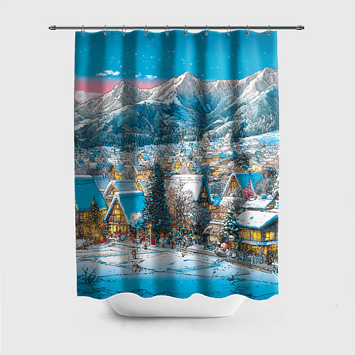 Шторка для ванной Новогодняя деревушка в горах / 3D-принт – фото 1