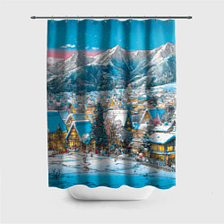 Шторка для ванной Новогодняя деревушка в горах