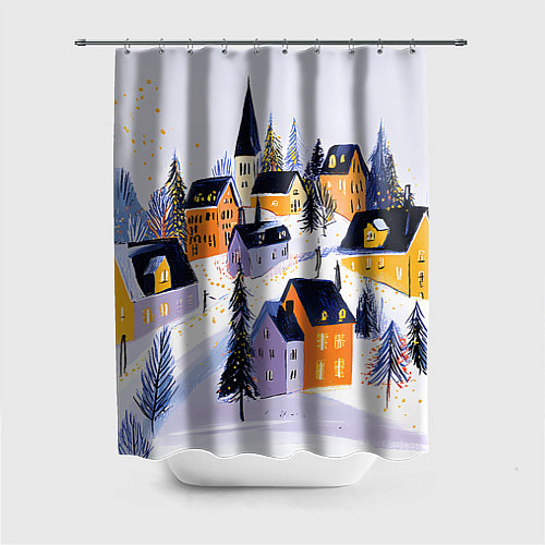 Шторка для ванной Новогодние домики на горе / 3D-принт – фото 1