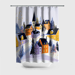 Шторка для ванной Новогодние домики на горе