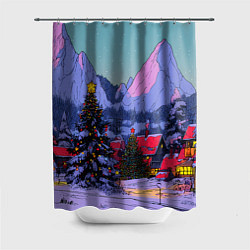 Шторка для ванной Новогодние елки в горном городке