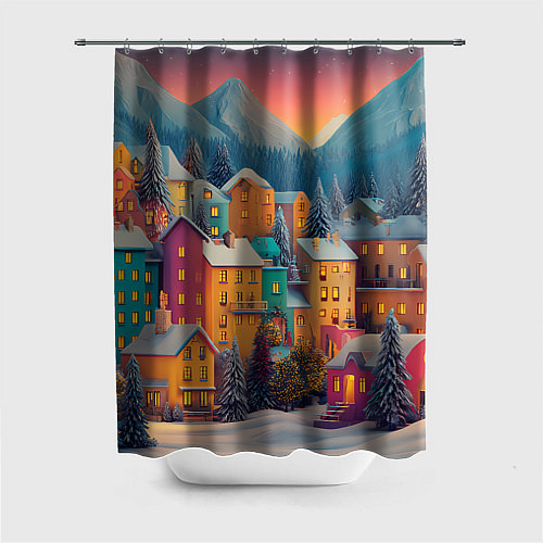 Шторка для ванной Новогодний город в горах / 3D-принт – фото 1