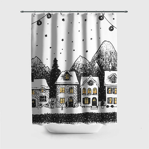 Шторка для ванной Черно-белый новогодний город / 3D-принт – фото 1