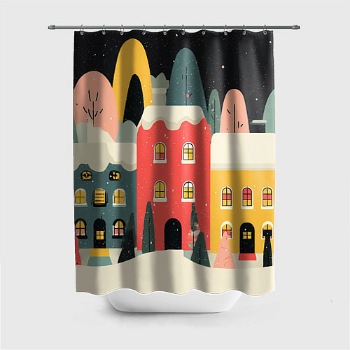 Шторка для ванной Разноцветные новогодние дома / 3D-принт – фото 1