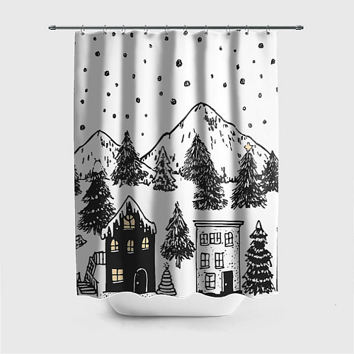 Шторка для ванной Заснеженный черно-белый город / 3D-принт – фото 1