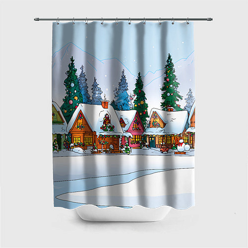 Шторка для ванной Новогодник дворик / 3D-принт – фото 1