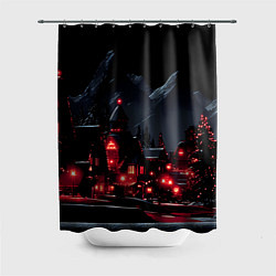 Шторка для ванной Новогодняя ночь и красные гирлянды