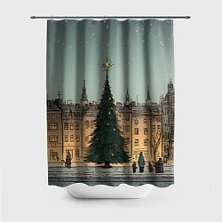 Шторка для ванной Новогодняя елка во дворе