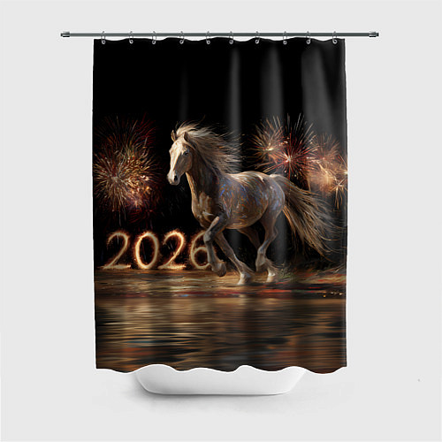 Шторка для ванной 2026 Лошадь на фоне салюта / 3D-принт – фото 1