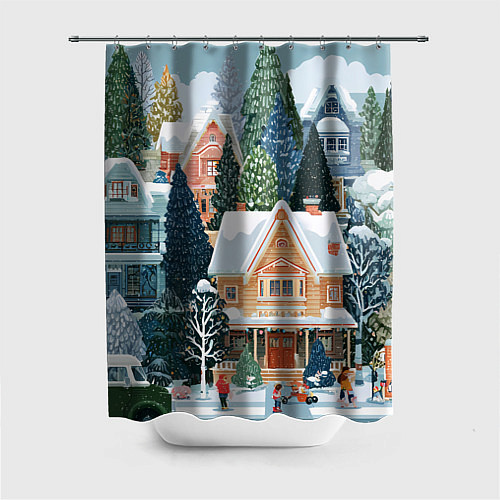 Шторка для ванной Новогодний елочный двор / 3D-принт – фото 1