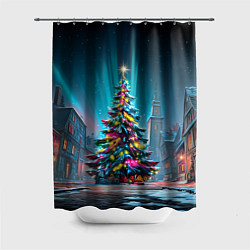 Шторка для душа Новогодняя елка в гирляндах, цвет: 3D-принт