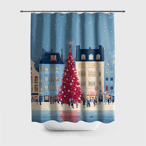 Шторка для ванной Новогоднее гуляние у красной елки / 3D-принт – фото 1