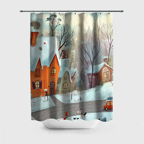 Шторка для ванной Милый новогодний дворик / 3D-принт – фото 1