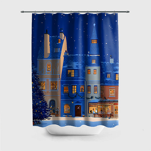 Шторка для ванной Синяя новогодняя елочка во дворе / 3D-принт – фото 1