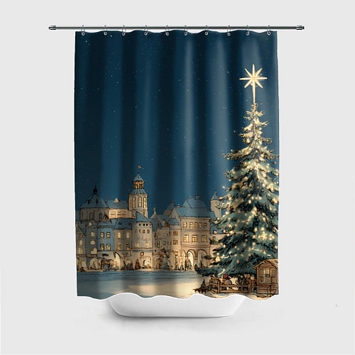 Шторка для ванной Новогодняя атмосфера в городе / 3D-принт – фото 1