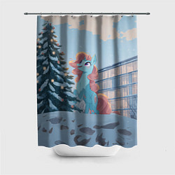 Шторка для ванной Новогодняя лошадка у елочки