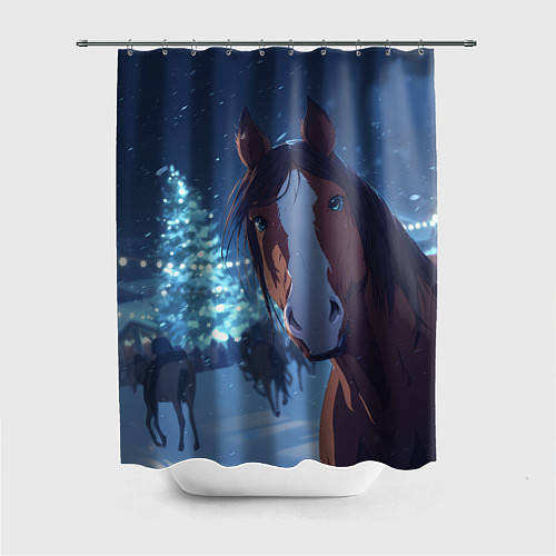 Шторка для ванной Лошадь на фоне новогодней елки / 3D-принт – фото 1
