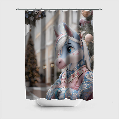 Шторка для ванной Новогодняя лошадка у елки / 3D-принт – фото 1