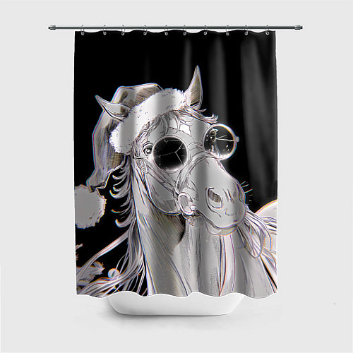 Шторка для ванной Новогодняя лошадь в круглых очках / 3D-принт – фото 1