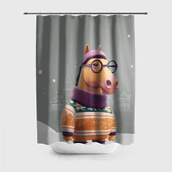 Шторка для ванной Новогодняя лошадка хипстер