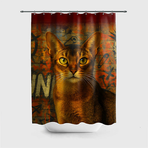 Шторка для ванной Абиссинская кошка на фоне кирпичной стены с граффи / 3D-принт – фото 1