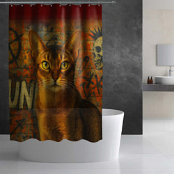 Шторка для душа Абиссинская кошка на фоне кирпичной стены с граффи, цвет: 3D-принт — фото 2