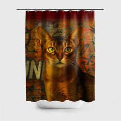 Шторка для душа Абиссинская кошка на фоне кирпичной стены с граффи, цвет: 3D-принт