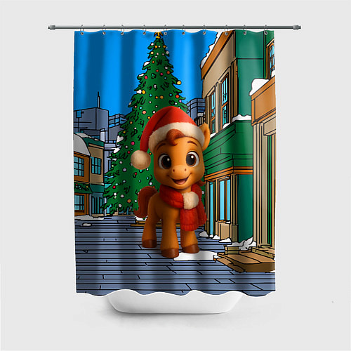 Шторка для ванной Новогодняя лошадка и елка / 3D-принт – фото 1