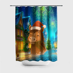 Шторка для ванной Новогодняя лошадка жует елочные ветки