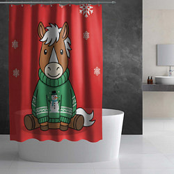 Шторка для душа Новогодняя лошадка в зеленом свитере, цвет: 3D-принт — фото 2