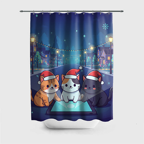 Шторка для ванной Новогодние котики с планшетом / 3D-принт – фото 1