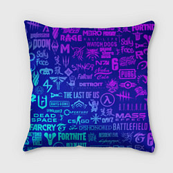Подушка квадратная Неоновые геймерские лого, цвет: 3D-принт