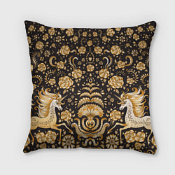 Подушка квадратная Золотые единороги и цветы, цвет: 3D-принт