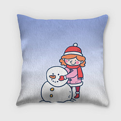 Подушка квадратная Девочка лепит снеговика, цвет: 3D-принт